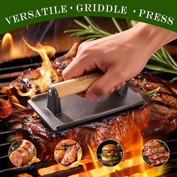 2.1lb Steak Weight & Burger Press, Grid Base, 7"X4" Rectangle Heavy Duty Cast Iron Grill Press with Wood Handle for Blackstone, Chef, Camp, Panini, Vegetable, Bacon, Sandwich, BBQ