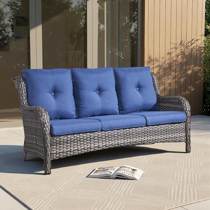 Outdoor Couch All Weather PE Wicker Patio Sofa Outdoor Sofa Deep Seating for Porch Deck Backyard-Grey/Blue