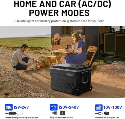 UD45E 12 Volt Refrigerator,Dual Zone Portable Freezer with Wheels & Battery Compartment,42QT(40.5L) Electric Cooler,-4℉~68℉,12/24V DC 100-240V AC for Camping, Travel, Truck, RV (Batt.Not Incl)