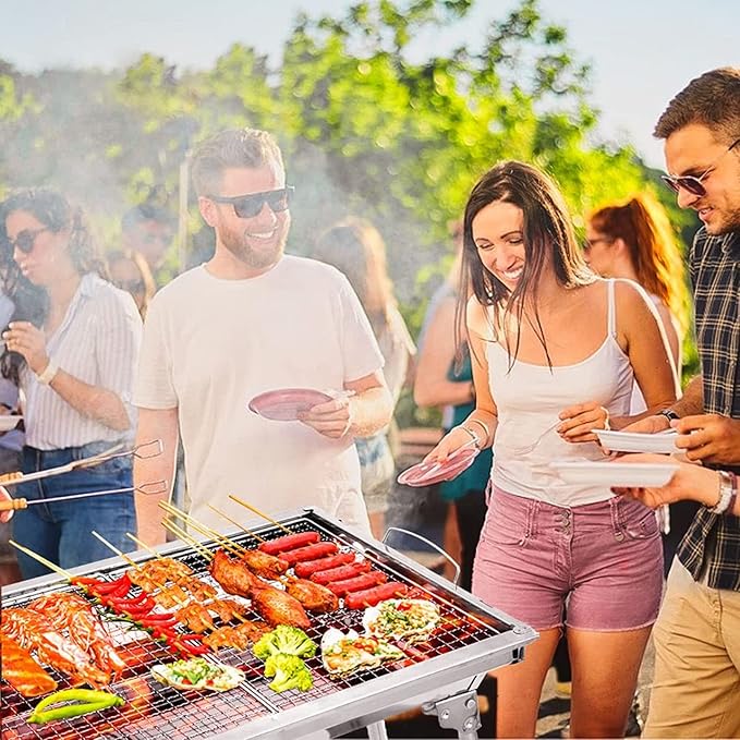 Large Barbecue Grill Stainless Steel BBQ Charcoal Grill Smoker Barbecue Folding Portable for Outdoor Cooking Camping Hiking Picnics Backpacking with Baking Tray 73 * 70 * 33cm