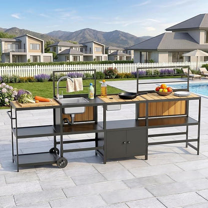 LEVELEVE Modular Outdoor Kitchen Island 4-Piece Set, Aluminum Outdoor Prep Station Grill Cart with Independent Sink, Storage Cabinets & Shelves for Backyard Patio Deck