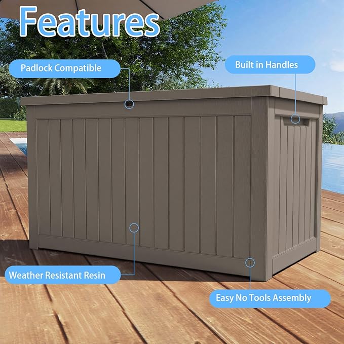 Pepe Tee Waterproof Resin Deck Box, Outdoor Storage Bin for Patio Furniture Cushions, All-Weather Garden Organizer & Seating Bench, Coffee