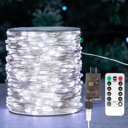 Fairy Lights Plug in,328FT 1000LEDs Waterproof Led String Lights,8 Modes Remote Twinkle Light for Outdoor Indoor Christmas Wedding Birthday Garden Party Decorations,Silver Wire,Cool White
