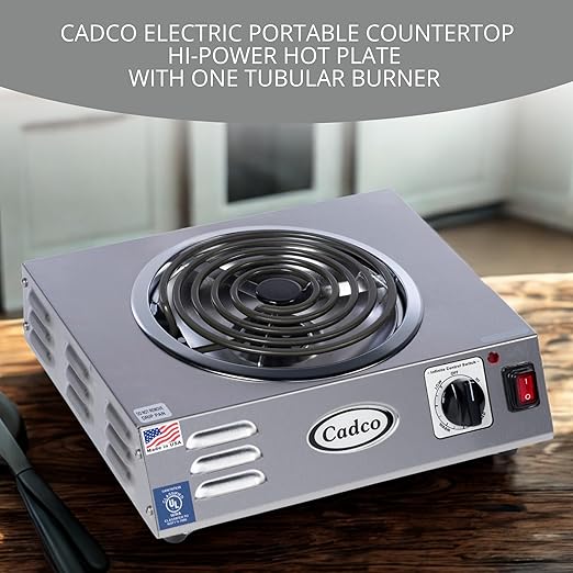 Cadco CSR-3T 14" Electric Portable Countertop Hi-Power Hot Plate with One Tubular Burner, Stainless Steel, 220 Volts
