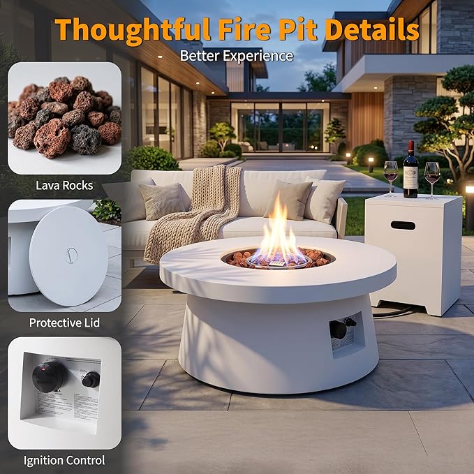 HOTEAGLE 30" Outdoor Propane Fire Pit Table w Tank Table, 50000 BTU CSA Certified Round Iron Gas Fire Pit, Removable Lid, Lava Rocks and Rain Cover for Patio Backyard Garden Pool