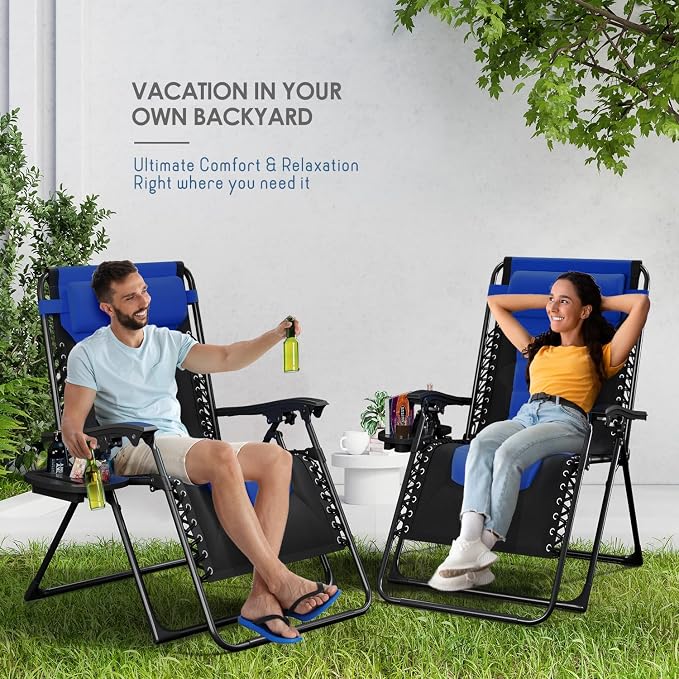 Nestl Padded Oversized Zero Gravity Chair, XL Folding Outdoor Lounge Chair | Adjustable Headrest, Cup Holder & Side Tray, Support 330 LBS, Anti Gravity Reclining, For Patio, Camping & Beach, Black/Blue