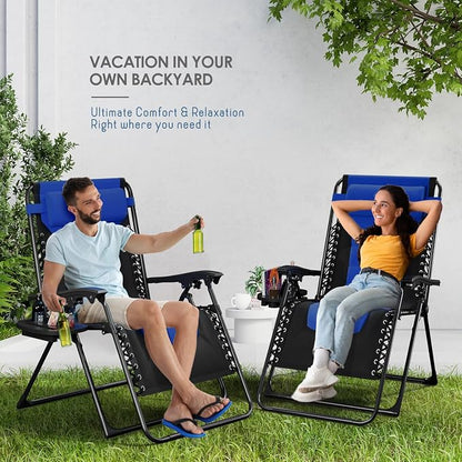 Nestl Padded Oversized Zero Gravity Chair, XL Outdoor Lounge Chair Set of 2 | Adjustable Headrest, Cup Holder & Side Tray, Support 330 LBS, Anti Gravity Reclining, For Patio, Camping & Beach, Black/Blue