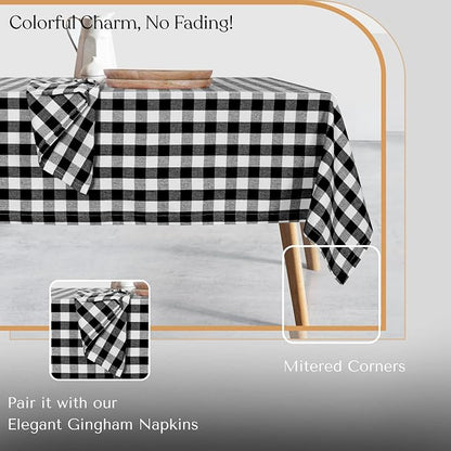 Gingham Check Tablecloth, 100% Cotton, 52x70 Inch, Black and White, Durable Table Cover for Rustic Kitchen Decor, Picnics, BBQ, Dining Room, Indoor and Outdoor Use, Black White