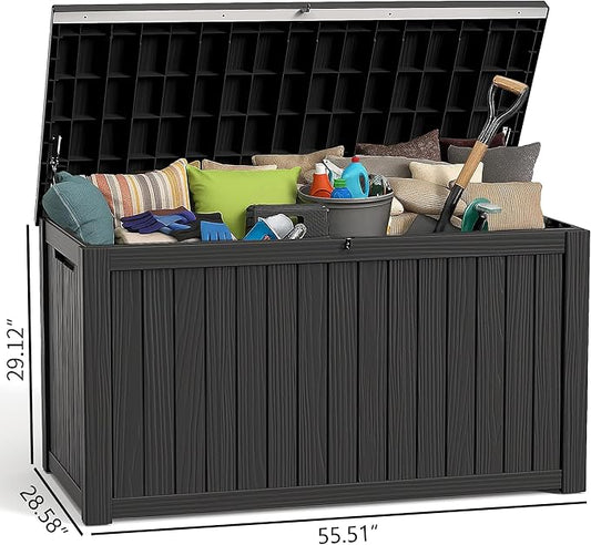 ROJIK Outdoor Storage Housing Deck Box - Waterproof Patio Furniture, Garden Tools, Cushions, Pool Accessories Storage Bench with Lockable Lid and Side Handles (Black, 200 Gal)