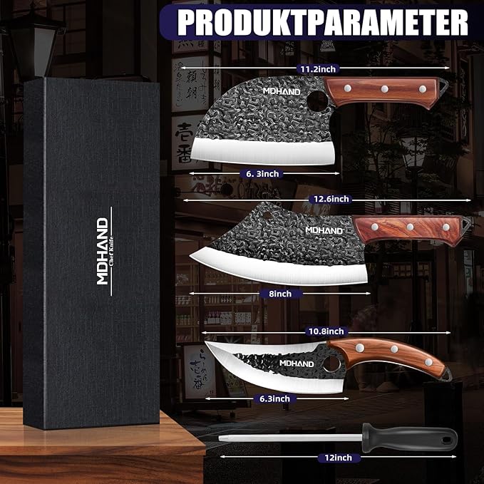 MDHAND Butcher Knife Set, 8PCS Hand Forged Serbian Chef Knife Set, Meat Cleaver Knife for Kitchen, Bone Chopper Knives & Viking Knives for Home & Outdoor Camping BBQ, Gift for Men