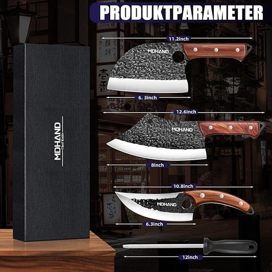 MDHAND Butcher Knife Set, 8PCS Hand Forged Serbian Chef Knife Set, Meat Cleaver Knife for Kitchen, Bone Chopper Knives & Viking Knives for Home & Outdoor Camping BBQ, Gift for Men