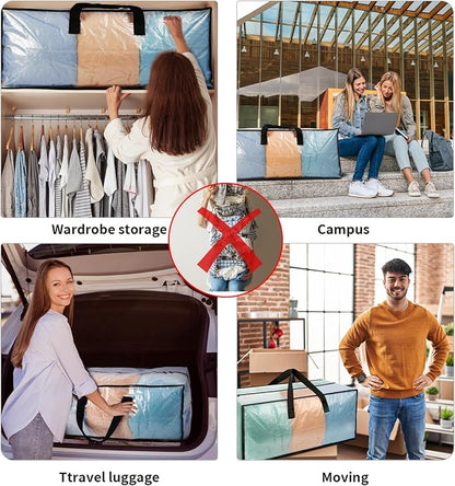 Heavy Duty Clear Moving Bags with Strong Zipper & Comfortable Handles | 12 Pack Extra Large Storage Bags Totes Moving Boxes Packing Supplies for College Dorm Room Essentials Compatible with IKEA