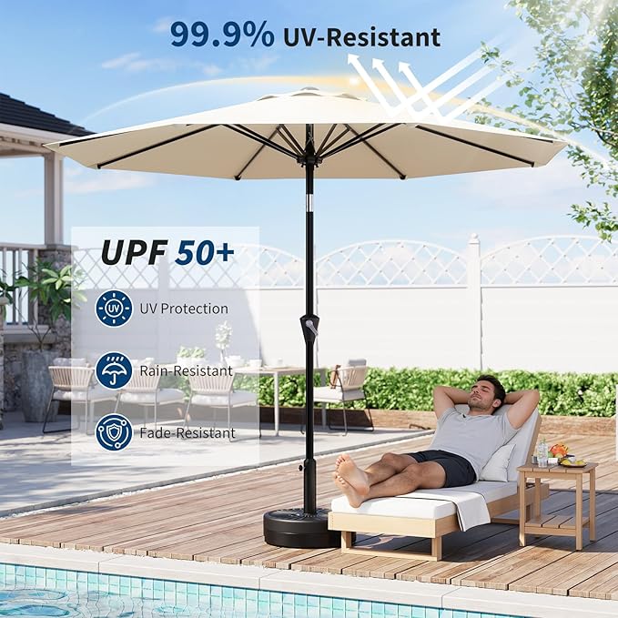 GarveeLife 9FT Patio Umbrella Outdoor, Market Umbrella, Table Umbrella with Push Button Tilt and Crank, 8 Sturdy Ribs UV Protection Waterproof for Garden, Pool, Deck, | Table Umbrella UV Protection Waterproof for Garden, Pool, Market, Deck (Beige White)