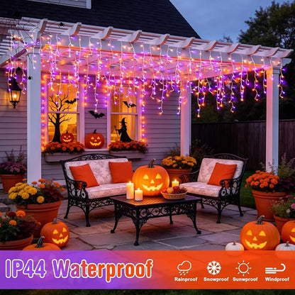 JMEXSUSS Orange and Purple Halloween Lights Outdoor, 400 LED 38.8 FT | Connectable Icicle Light Outdoor Waterproof, 8 Modes Halloween Lights Plug in for House Christmas Party Decorations