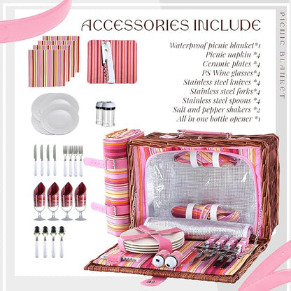 Wicker Picnic Basket Set for 4, Blanket, Cooler Bag, Pink Stripes | Four-Person Wicker Set Includes Tableware, Insulated Food Storage and Waterproof Blanket for Parks, Camping, Dates and Gifts