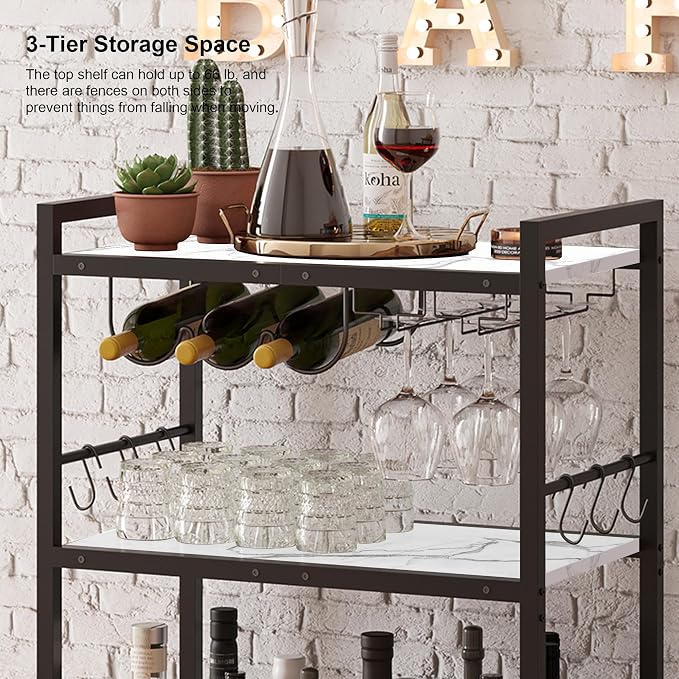TUTOTAK Bar Cart with Wheels, Drink Cart with Wine Rack and Glass Holder | 3-Tier 23.7 Inch Wide Home Bar Serving Carts, Small Mobile Kitchen Shelf with 6 Hooks, Marble White BC01BM030