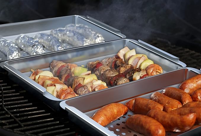 Yukon Glory BBQ Vegetable Grill Basket Set, Stainless Steel, 3 Baskets with Drip Tray & Removable Handle for Fish, Shrimp & Veggies