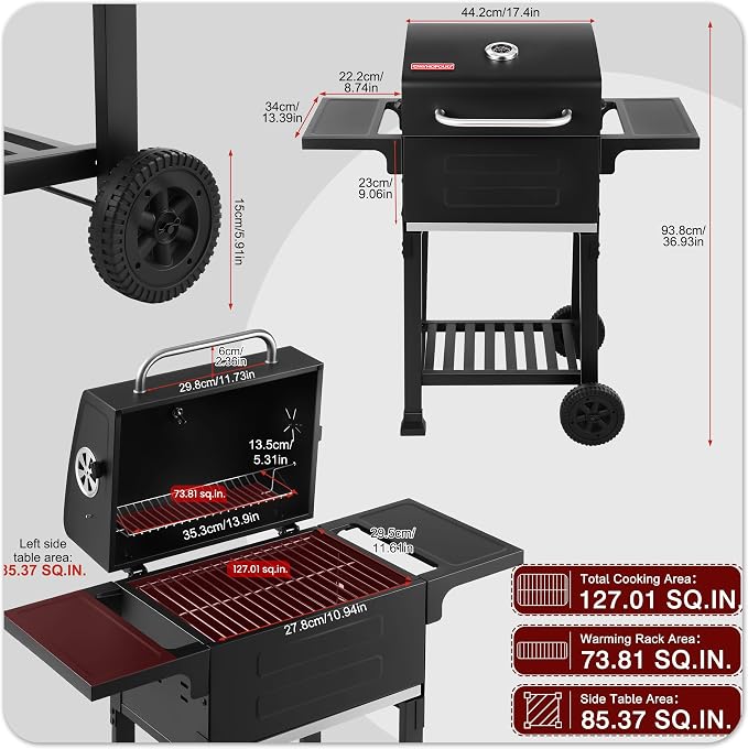 Small Charcoal Grill, 200.82 Sq. In. Outdoor BBQ Grill | Compact design, 3-level adjustable charcoal pan, thermometer, two side tables, warming rack, wheels and removable ash tray
