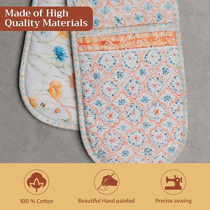 Maison d' Hermine Double Oven Mitts 100% Cotton 7"x35" Double Oven Mitt Heat Resistant BBQ Cooking Gloves with Loop Baking Grilling Kitchen Hotel Home Farmhouse Spring Summer (Summer Whisper)