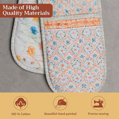 Maison d' Hermine Double Oven Mitts 100% Cotton 7"x35" Double Oven Mitt Heat Resistant BBQ Cooking Gloves with Loop Baking Grilling Kitchen Hotel Home Farmhouse Spring Summer (Summer Whisper)