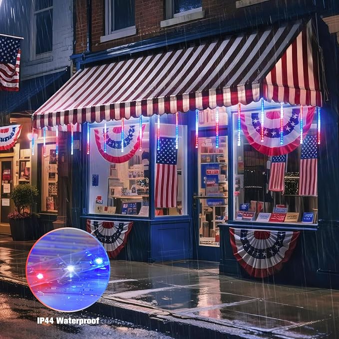 JMEXSUSS Red White and Blue Solar Lights, 8 Tube 144 LEDs | Patriotic Solar Meteor Shower Lights Waterproof for Independence Day, Gardens, Tree, Outdoor 4th of July Decorations