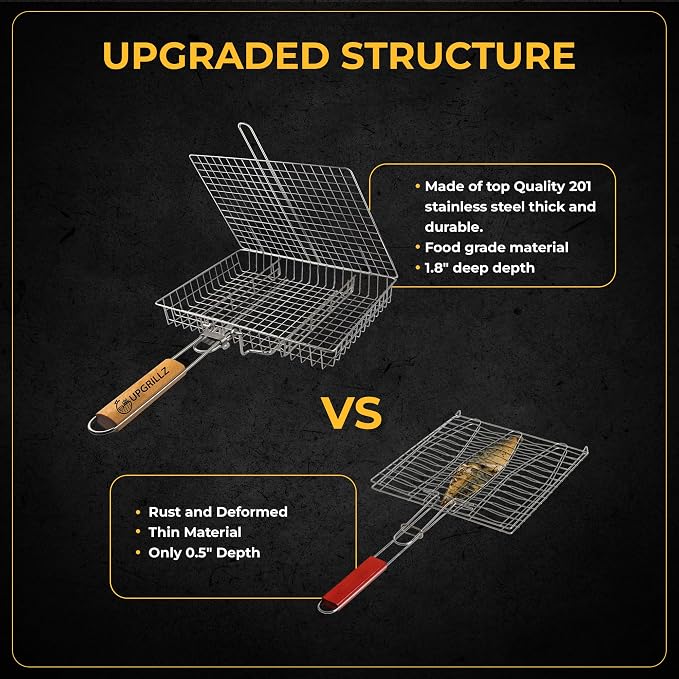 UPGRILLZ Fish Grill Baskets for Outdoor Grill Vegetables, Fish Grilling rack for Grill, BBQ Grilling Basket, Stainless steel Grill Basket for Veggies, shrimp