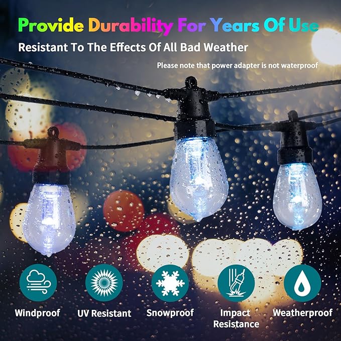 BBG Outdoor String Lights 50FT RGBW - 2700K Patio Lights Outdoor Waterproof, 24V Stable Power System, 20 Shatterproof Bulbs, Dimmable, APP & Remote Control, Linkable, Music Sync, Timer for Backyard