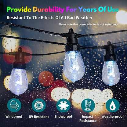 BBG Outdoor String Lights 50FT RGBW - 2700K Patio Lights Outdoor Waterproof, 24V Stable Power System, 20 Shatterproof Bulbs, Dimmable, APP & Remote Control, Linkable, Music Sync, Timer for Backyard