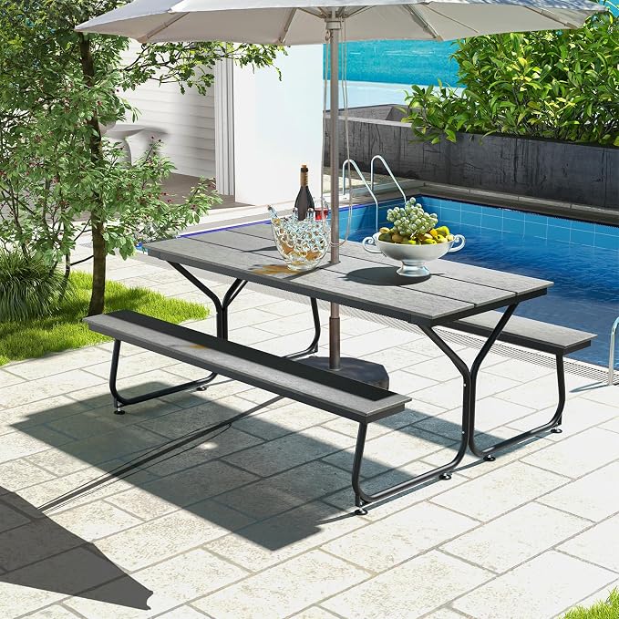 Giantex 6 FT Outdoor Picnic Table Bench Set for 6-8 People, 2400 LBS Capacity Patio Dining Table & 2 Benches with Metal Frame & HDPE, Balcony Conversation Set for Poolside Deck Garden (Gray)