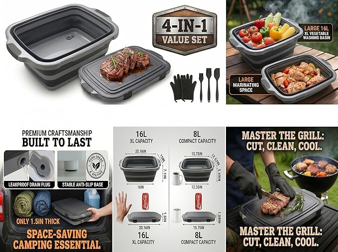 Collapsible BBQ Prep Tub with Lid & Cutting Board 16L - XL Meat Marinating Basin & Grill Carry System - 5pc Set with Heat Resistant Gloves, Basting Brush & Spatula (Black, Large, 16L)