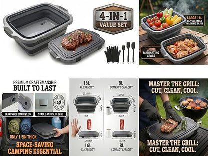 Collapsible BBQ Prep Tub with Lid & Cutting Board 16L - XL Meat Marinating Basin & Grill Carry System - 5pc Set with Heat Resistant Gloves, Basting Brush & Spatula (Black, Large, 16L)