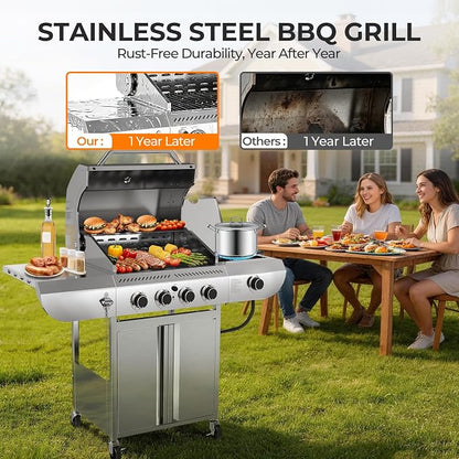 Kismile 4-Burner Propane Gas Grill with Side Burner, Stainless Steel 42,000 BTU BBQ Grill, Enameled Baking Rack & Enamel Grates, Barbecue Grill for Outdoor Cooking, Backyard, Patio, Deck Camping