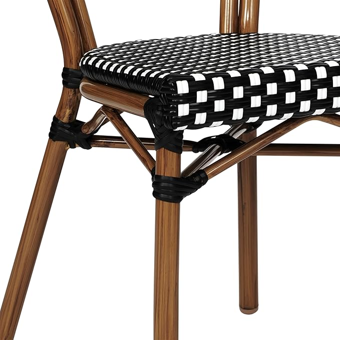Flash Furniture Lourdes Indoor/Outdoor Commercial Thonet Bistro Stack Chair - Black/White PE Rattan Back and Seat - Natural Bamboo Print Metal Frame