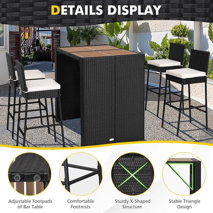 5 Piece Patio Wicker Bar Set, Rattan Bar Stools Set for Bistro with Acacia Wood Tabletop & Seat Cushions, Outdoor High Top Table and Chairs for Backyard Garden Porch Poolside (47.5 Inch)