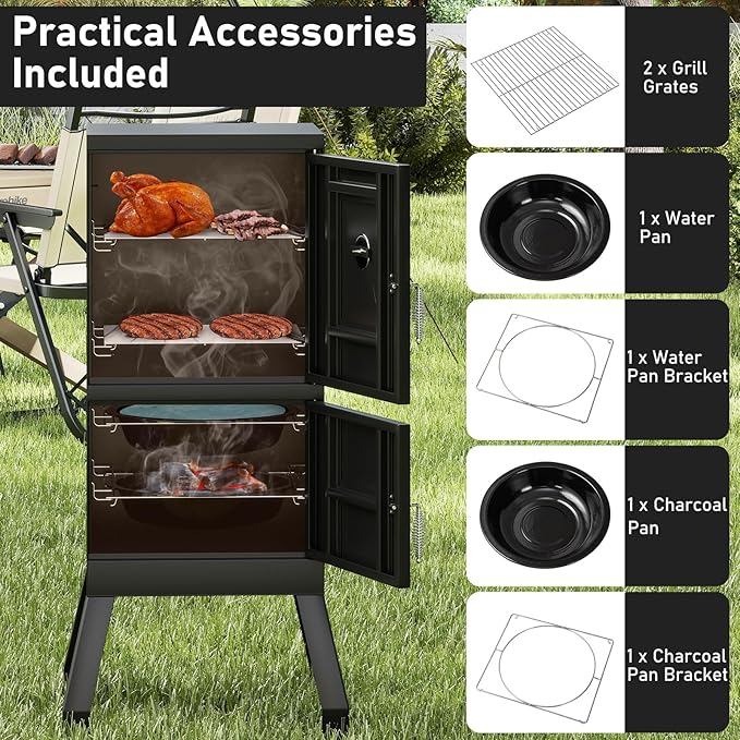 MAT EXPERT Vertical Charcoal Grills, 40" Multiple People BBQ Smoker Grill w/Removable Water Pan & Grill Grates, 4 Adjustable Air Dampers, Built-in Thermometer, Outdoor Charcoal Smoker for Backyard