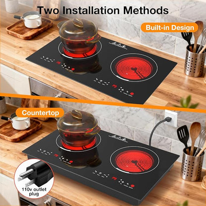 WABK 2 Burner Electric Cooktop 110V, 24 Inch Built-in & Countertop Ceramic Stove Top, 3000W Infrared Hot Plate for RV Apartment, Compatible with All Cookware, Child Lock & Timer