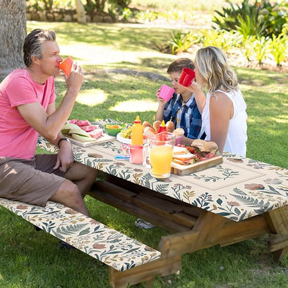 Picnic Table Cover with Bench Covers, Floral Vintage, 72 Inch, 3PCS | Camper waterproof fitted tablecloth with elastic edges outdoor camping essentials with drawstring bag