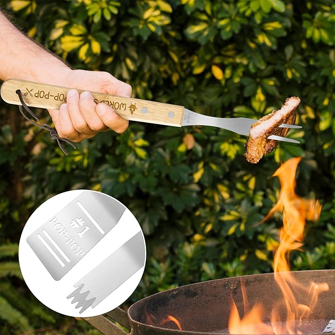 Haooryx Grandpa BBQ Grill Tool Accessory Set - 3Pcs Best Pop-Pop Ever Stainless Steel Grilling Tong Fork Spatula Grillmaster Grandpa Birthday Present Outdoor Housewarming Camping Holiday Party Supply