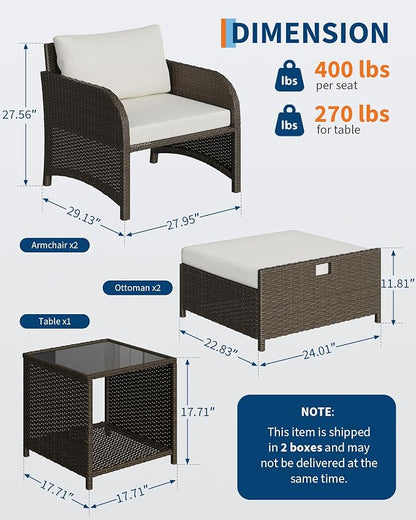 Garvee 5-Piece Outdoor Patio Conversation Set with Hidden Ottomans | PE Rattan Wicker Patio Furniture with Soft Cushions & Glass Coffee Table, Outdoor Lounge Chairs for Porch, Backyard (Beige)