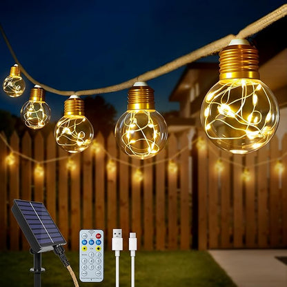 Ollny 26FT Solar String Lights Outdoor, Waterproof Remote Control Patio Lights with 16 LED Shatterproof Bulbs, Dimmable Timers & 8Modes Memory Function Vintage Hemp Rope Lights for Garden Bistro Fence