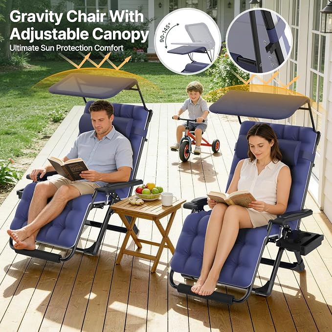 Suteck Zero Gravity Chair with Canopy,33In XXL Oversized Lounge Chairs | w/Removable Cushion&Headrest, Upgraded Lock and Footrest, Folding Reclining Patio Chairs Recliner for Indoor Outdoor