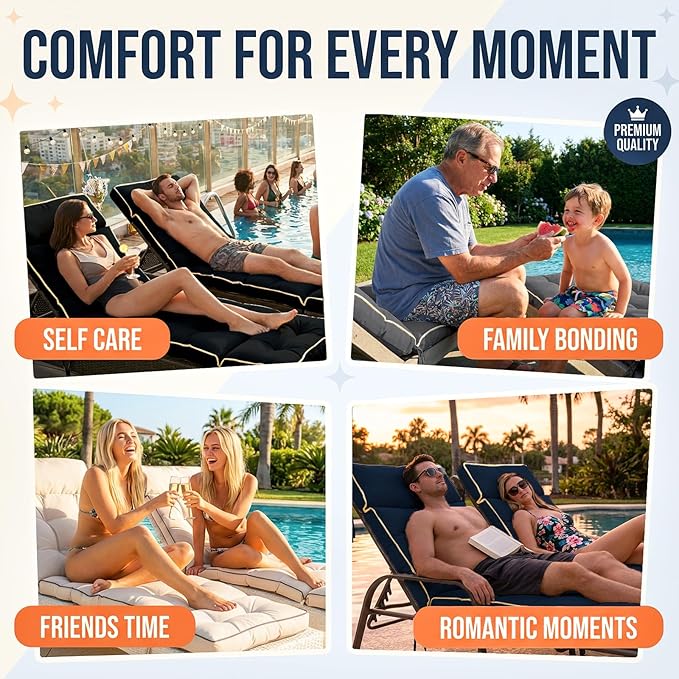 MAGIC ELEPHANT Chaise Lounge Cushion Outdoor, Memory Foam Patio Lounge Chair Cushion with Ties for Indoor Outdoor Furniture, Waterproof Replacement Long Chair Cushion (Black)