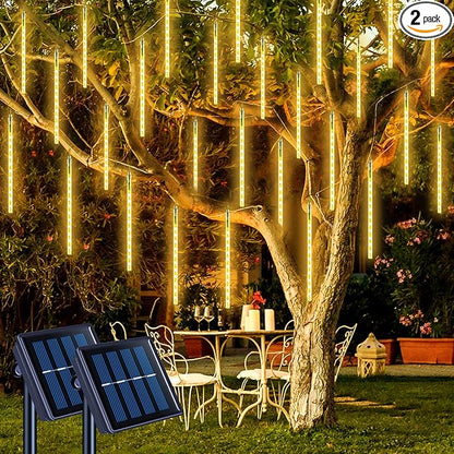 JMEXSUSS 2 Pack Solar Meteor Shower Lights, 16 Tube 288 LED Warm White Meteor Christmas Lights, Solar Powered Waterproof for Outdoor Tree Decorations