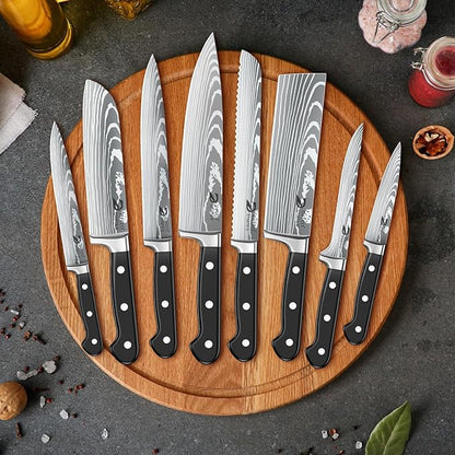 Dfito Chef Knife Set with Roll Bag, 9PCS Professional Knife Set with Sharpener, High Carbon Stainless Steel Kitchen Knife Set with Anti-Slip Ergonomic Handle for Camping, Travel, BBQ, RV or Gift Black