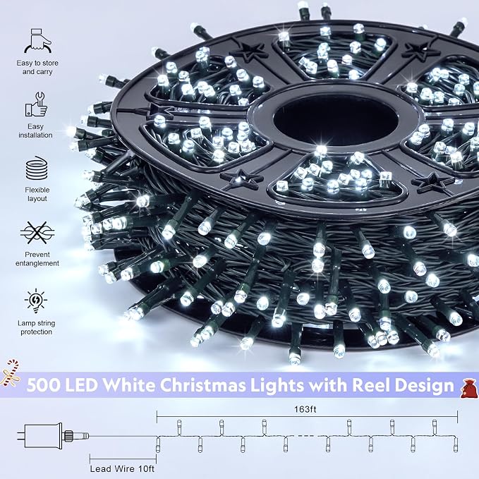 JMEXSUSS 500 LED White Christmas Lights, 173ft String Lights Plug in | 8 Modes, Remote Control, Waterproof White Christmas Tree Lights for Classroom Dorm Tree House Wedding Party Xmas Decorations