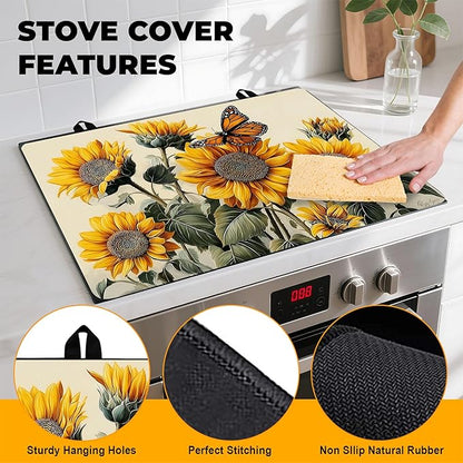 Stove Top Cover Retro Flower Gas Stove Top Cover for Home Decoration Kitchen Pad Non-Stick Washable Cooktop Covers Countertop Protector Keep Stove Clean 28"x20" (sunflower-1)
