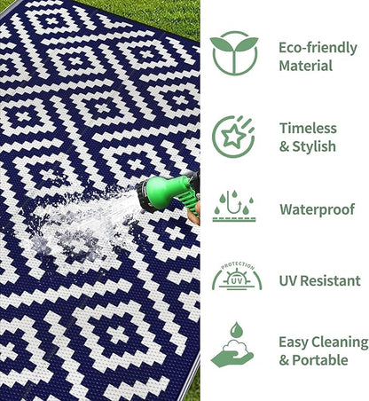 GENIMO Outdoor Rug, Waterproof Plastic Rugs 10'x14' for Camping Blue White | Outside Larger Modern Carpet Mat for Patio Decor, RV, Porch, Camper, Deck, Picnic, Beach, Backyard, Reversible, Foldable