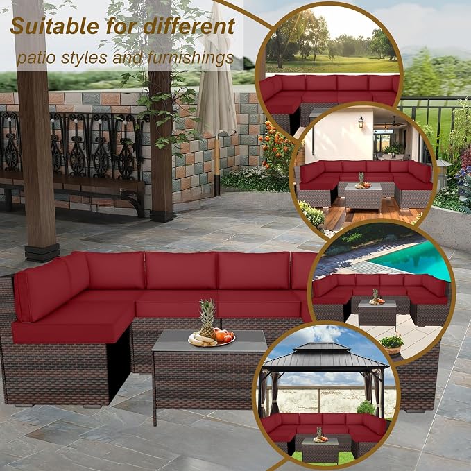 14 Piece Outdoor Patio Cushion Cover Replacement, Waterproof Patio Cushion Covers, Outdoor Furniture Cushion Covers Set for 6 Seat Wicker Rattan Sofa (Wind Red)