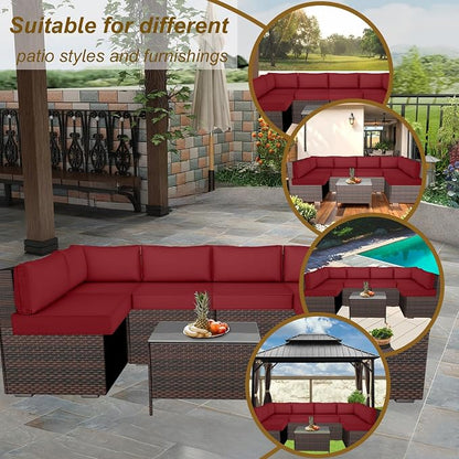 14 Piece Outdoor Patio Cushion Cover Replacement, Waterproof Patio Cushion Covers, Outdoor Furniture Cushion Covers Set for 6 Seat Wicker Rattan Sofa (Wind Red)