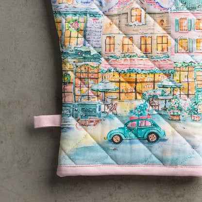 Maison d'Hermine Oven Gloves 100% Cotton Oven Mitt (7" x 13", Pack of 1) | With Loop Heat Resistant BBQ Cooking Gloves Baking Kitchen Handling Hot Pans Thanksgiving Christmas - Christmas Market - Pink
